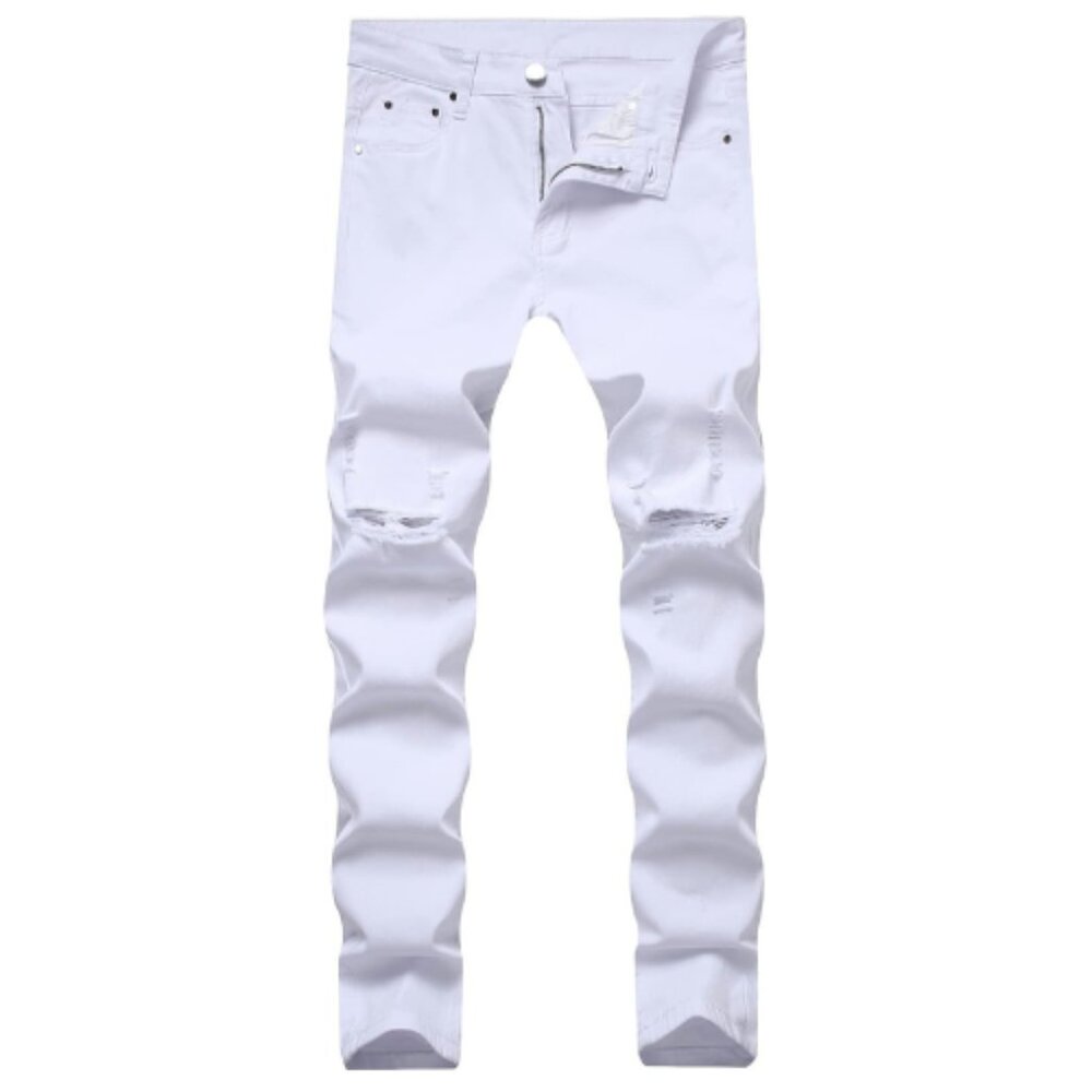LONGBIDA Men's Slim Fit Ripped Stretch Skinny Jeans White Distressed Tapered 34